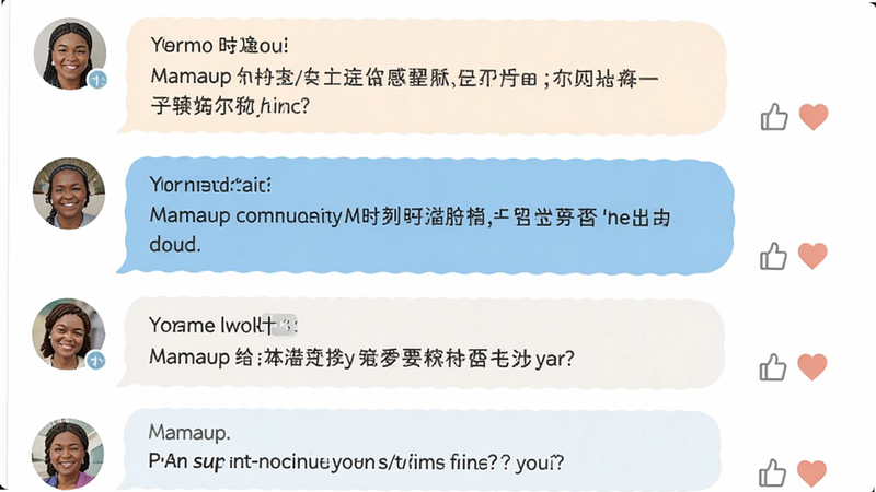 主体为Mamaup社区讨论界面,布局为聊天流样式,排版自然,风格亲切友好,细节展示用户头像、评论气泡及点赞图标,文字内容温馨积极,画质高清,干净,无多余元素