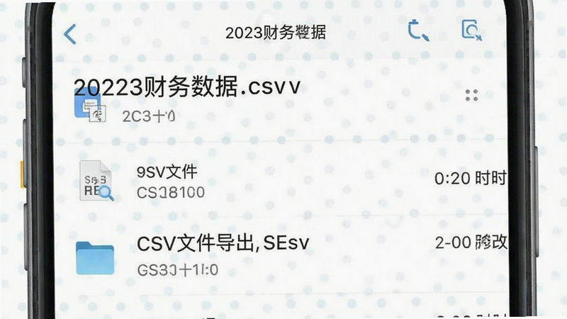 主体为手机文件管理器界面,显示名为“2023财务数据.csv”的文件,布局列表视图,排版简洁,风格实用主义,细节有文件大小和修改时间,画质清晰,干净无背景,文字显示为“CSV文件导出”