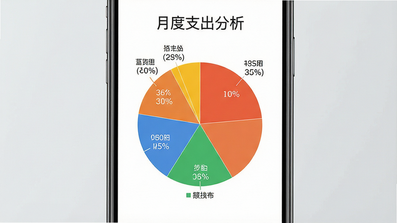 主体为手机屏幕上的彩色饼状图,显示不同颜色区块代表不同支出类别,布局居中,排版简洁,风格数据可视化风格,细节有数字标签和百分比,画质高清,干净无干扰,文字显示为“月度支出分析”