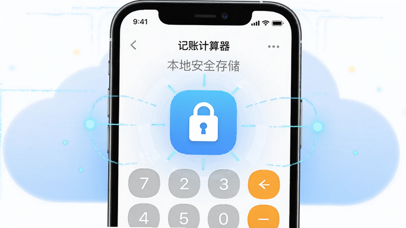 主体为手机与云朵断开连接的示意图,手机屏幕显示“记账计算器”界面,布局中心突出本地存储图标,排版对称平衡,风格科技感强,细节包含锁形安全标识,画质清晰,干净无背景杂色,文字显示为“本地安全存储”