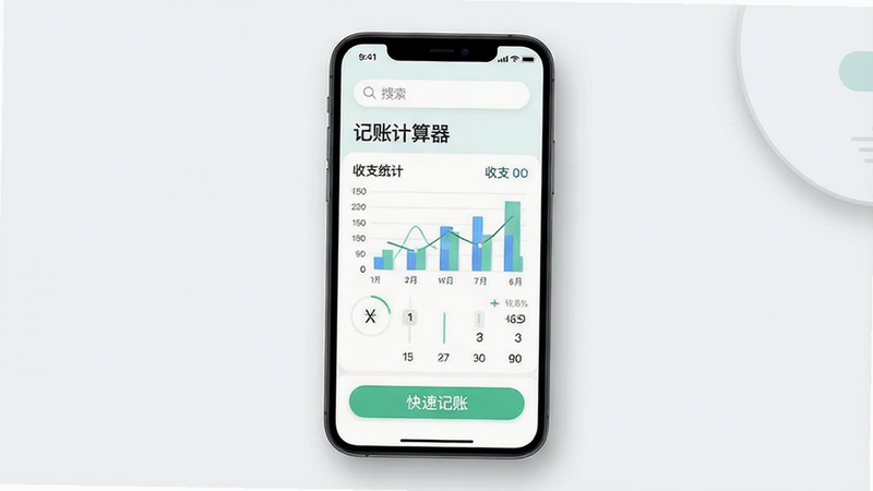 主体为一部现代智能手机,屏幕显示名为“记账计算器”的应用界面,布局采用极简主义设计,顶部为搜索栏,中部为收支统计图表,底部为快速记账按钮,排版整洁有序,风格清新扁平化,细节处有柔和阴影,画质高清,干净无多余元素,文字显示为“记账计算器”