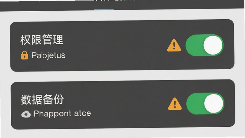 主体为决策狮APP的设置页面,布局聚焦于“权限管理”与“数据备份”选项,排版清晰易读,风格为实用主义工具风,细节展示开关按钮的高亮状态与警告图标,画质标准,干净,无多余元素