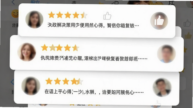 主体为决策狮APP的用户评价界面,布局展示几条五星好评与具体使用心得,排版为卡片式堆叠,风格为真实用户反馈风,细节展示点赞图标与头像模糊处理以保护隐私,画质柔和自然,干净,无多余元素