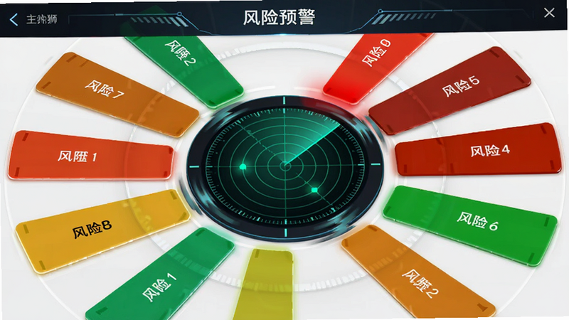 主体为决策狮APP的“风险预警”页面,布局中心是一个旋转的雷达扫描图标,周围环绕着不同色块的风险等级指示条,排版呈放射状分布,风格为科技感与警示感结合,细节展示红色警报光效与绿色安全区的对比,画质清晰锐利,干净,无多余元素