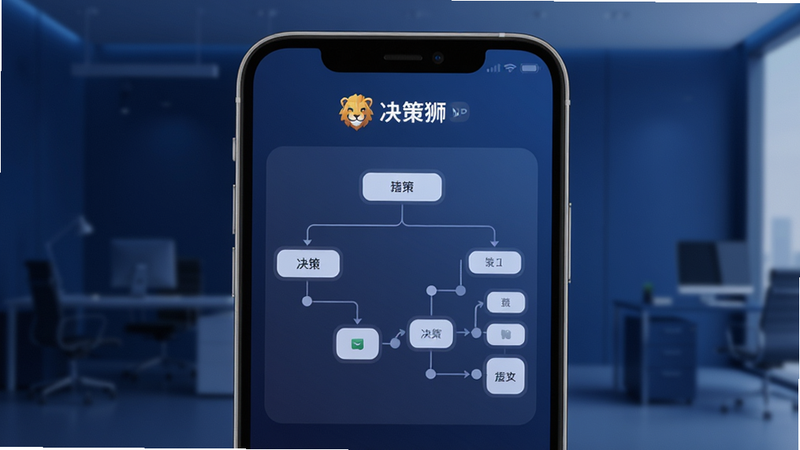 主体为决策狮APP的手机屏幕特写,背景是极简的深蓝色渐变办公室环境,屏幕清晰显示着“决策狮”Logo以及一个正在生成的决策树状图,布局中心对称,排版整洁专业,风格为现代科技感,细节展现UI界面的圆角设计与柔和光影,画质高清4k,干净,无多余元素
