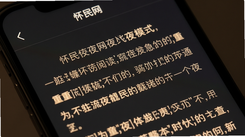 主体为手机屏幕特写,展示怀民网夜间阅读模式,背景为深灰色,文字为暖白色,布局清晰,重点突出长文排版美感,风格静谧温馨,细节处有字体细节展示,画质高清,干净,无多余元素,文字显示“怀民网”阅读界面