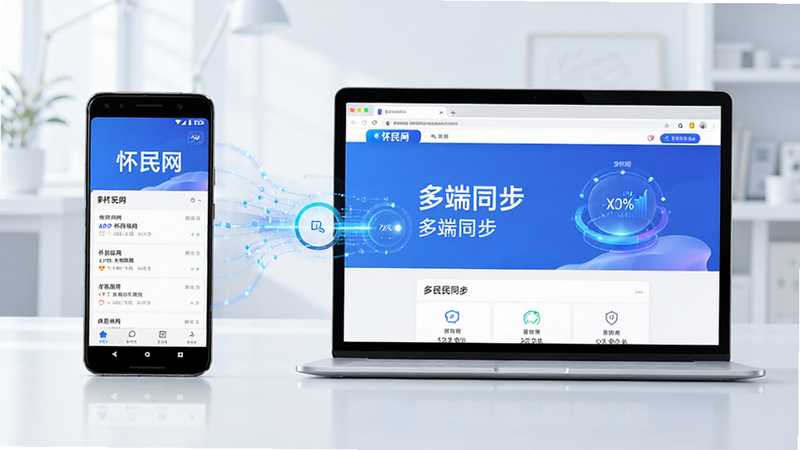 主体为多设备协同场景,左侧安卓手机屏幕显示怀民网APP,右侧笔记本电脑屏幕显示同款Web界面,布局对称,风格现代科技,细节处有数据同步光效,画质高清,干净,无多余元素,文字显示“怀民网”多端同步