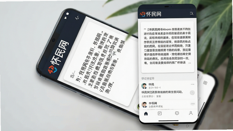 主体为怀民网安卓应用界面全屏预览,布局采用极简扁平化设计,顶部为深色导航栏显示“怀民网”Logo,中部为白色卡片式内容流,包含长文阅读区域与评论区,底部为简洁Tab栏,风格清新雅致,细节处有柔和阴影,画质4k高清,干净无多余元素,文字清晰显示“怀民网”