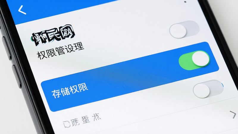 主体为手机设置界面特写,显示怀民网的权限管理页面,布局清晰,高亮显示存储权限选项,风格简洁直观,细节处有开关按钮状态,画质高清,干净,无多余元素,文字显示“怀民网”权限设置