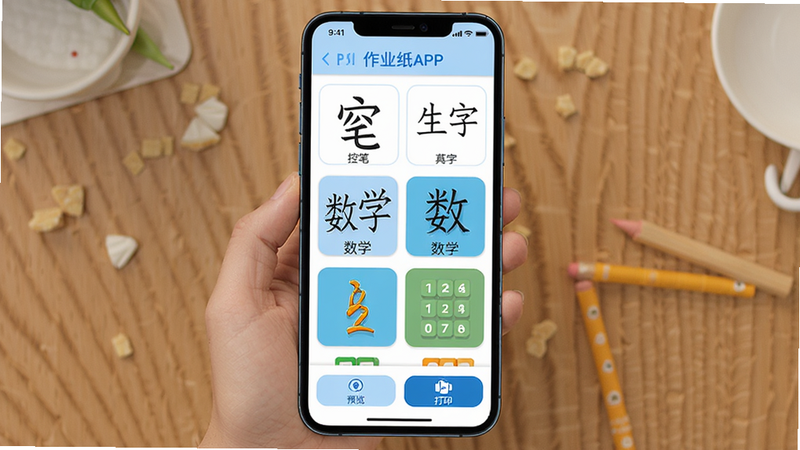 奇多作业纸APP主界面展示,手机竖屏,界面清晰,显示多个作业模板分类如控笔、生字、数学,底部有预览和打印按钮,扁平化设计风格,白色背景,蓝色主色调,文字清晰可见,高清渲染,无多余元素