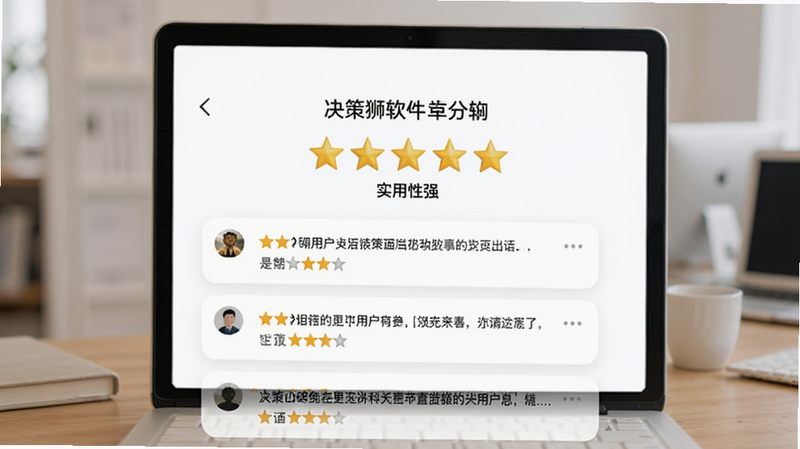 决策狮软件的用户评分界面,显示5星好评,下方展示几条简短的用户评论,背景为柔和的白色,字体清晰,风格简约,突出“口碑良好”与“实用性强”,画质清晰,无杂乱装饰,文字可读性强