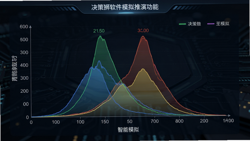 决策狮软件模拟推演功能的可视化图表,画面显示多条概率分布曲线,颜色区分不同场景,坐标轴清晰标注,背景为深色科技风,突出数据驱动的严谨性,图表细节精致,光影效果柔和,画质极高,无杂乱装饰,文字标注简洁明了,体现“智能模拟”的核心价值