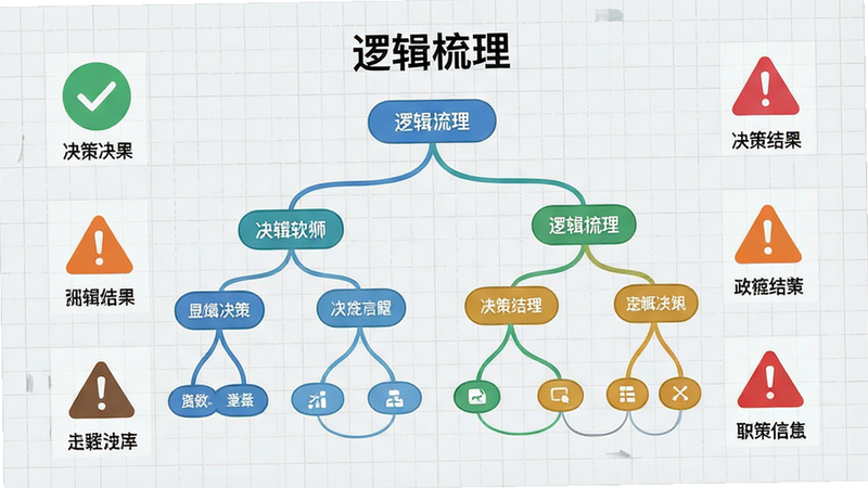 决策狮软件内部的功能模块展示图,画面中央是一个展开的决策树,节点清晰,连接线条流畅,背景为浅灰色网格纸风格,象征严谨的逻辑结构,周围点缀着几个代表不同决策结果的图标,如勾选标记和警示符号,风格扁平化,色彩清新,细节丰富,画质高清,无水印,文字标签清晰,突出“逻辑梳理”主题