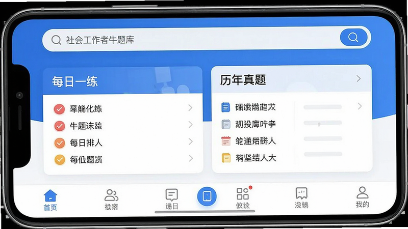 一张高清手机界面截图,主体为“社会工作者牛题库”APP首页,布局清晰,顶部显示搜索栏,中间展示“每日一练”和“历年真题”模块,底部有导航栏,风格简约现代,蓝色为主色调,细节精致,画质清晰,无多余元素,文字“社会工作者牛题库”清晰可见