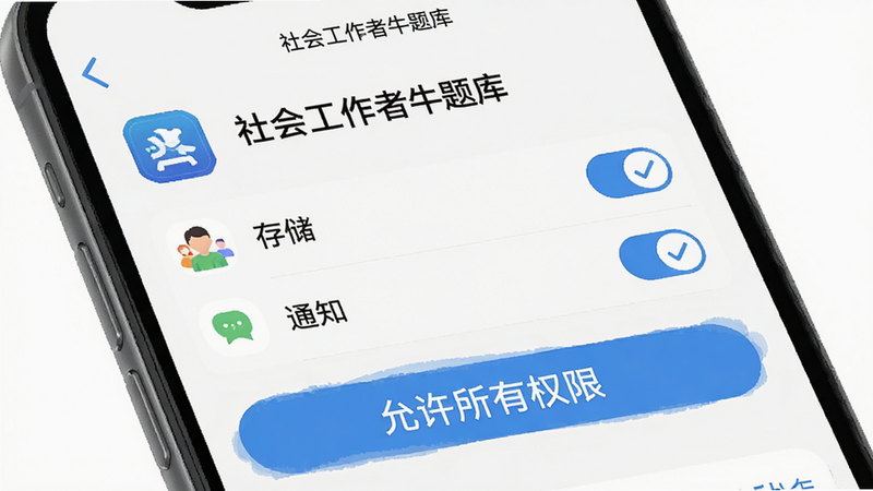 手机设置界面示意图,显示“社会工作者牛题库”的权限管理页面,勾选了存储和通知权限,背景为白色,图标清晰,风格简洁,画质高清,无多余元素,文字“允许所有权限”醒目