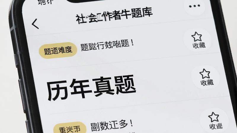 手机屏幕特写,显示“社会工作者牛题库”内的题库列表界面,列表项包含题目难度标签和收藏按钮,背景为浅灰色,文字黑色,排版整齐,风格扁平化,画质高清,无多余元素,文字“历年真题”醒目显示