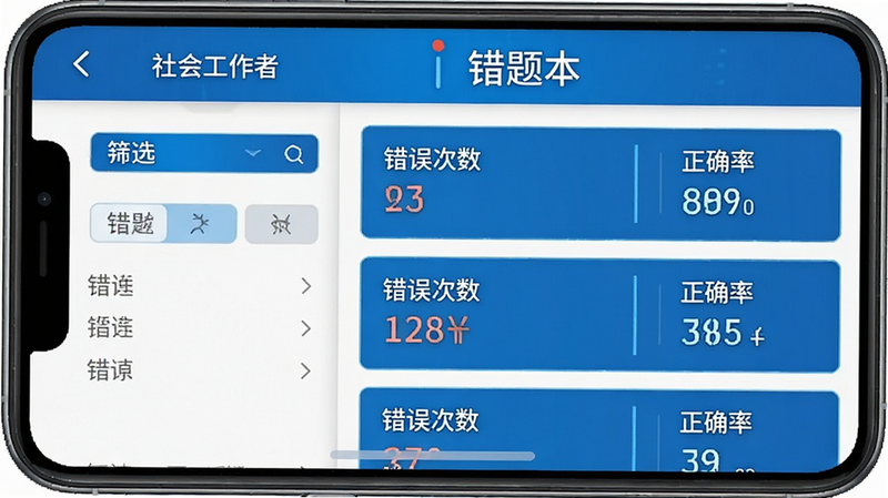 手机界面展示“社会工作者牛题库”的错题本页面,左侧为筛选条件,右侧为错题列表,每项显示错误次数和正确率,布局左右分栏,风格科技蓝,细节清晰,画质干净,无多余元素,文字“错题本”位于顶部
