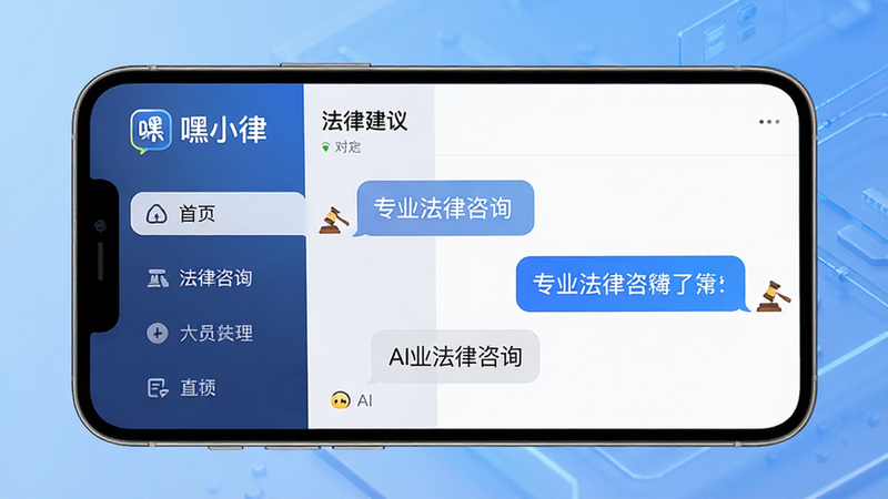 主体为手机屏幕展示嘿小律应用界面,布局清晰分为左侧功能导航栏与右侧对话区,排版采用现代极简主义风格,细节处显示AI正在生成法律建议的文字气泡,背景为柔和的科技蓝渐变,画质高清,干净,无多余元素,文字内容包含