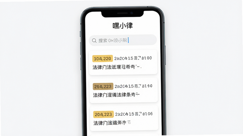 主体为手机界面展示法律条文搜索页,布局为上下结构,上方是搜索框输入框,下方是列表形式的法条卡片,排版整洁有序,风格为扁平化设计,细节处显示法条编号高亮显示,背景为白色,画质清晰,干净,无多余元素,界面顶部显示