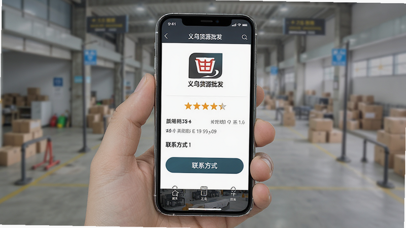 手机界面展示“义乌货源批发”商家详情页,包含店铺Logo、评分星级、联系方式按钮,布局垂直,风格稳重,细节准确,高清,简洁