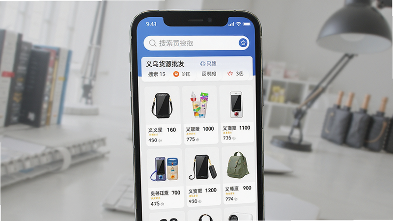主体为手机屏幕界面,显示“义乌货源批发”APP首页,布局整洁,顶部有搜索栏,中部展示各类小商品缩略图,风格简约商务,细节清晰,高清,无多余元素
