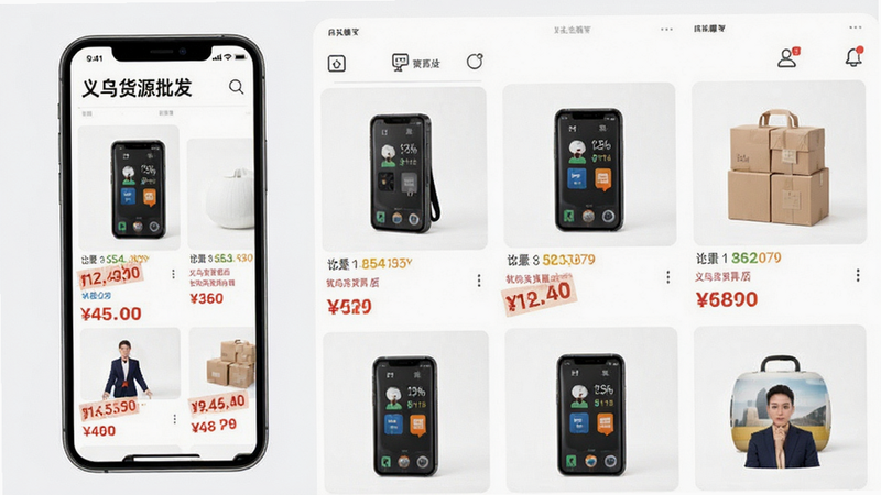 手机界面展示“义乌货源批发”商品列表页,多列网格布局,商品图片清晰,价格标签醒目,风格现代扁平,细节丰富,高清,干净