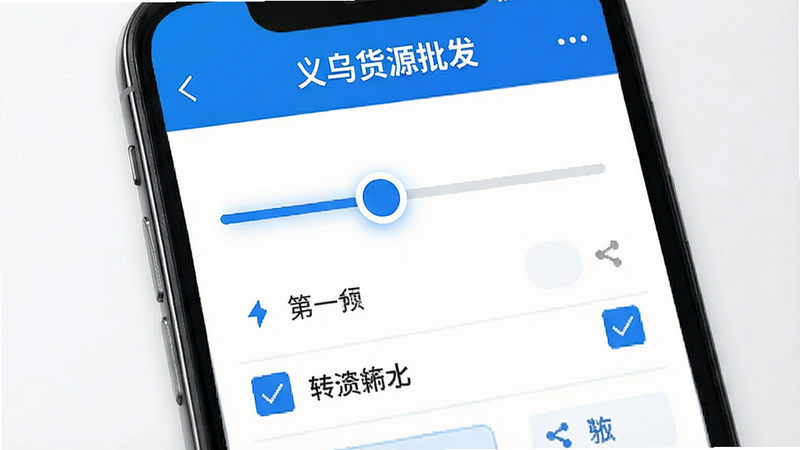 手机界面展示“义乌货源批发”筛选功能页面,滑块和复选框布局合理,文字清晰,风格科技蓝,细节精致,高清,无杂乱背景