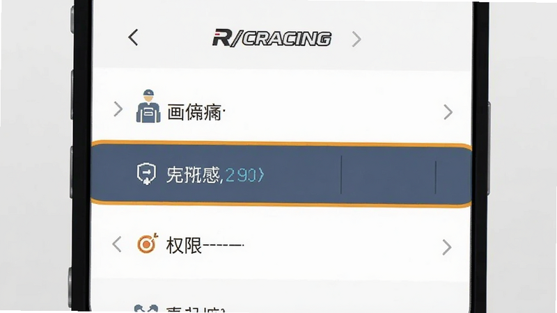 手机界面截图风格插画,展示R/CRACING的设置菜单,重点高亮显示画质与权限选项,界面简洁现代,图标清晰,背景为浅灰色,风格扁平化设计,无多余装饰,干净,无多余元素