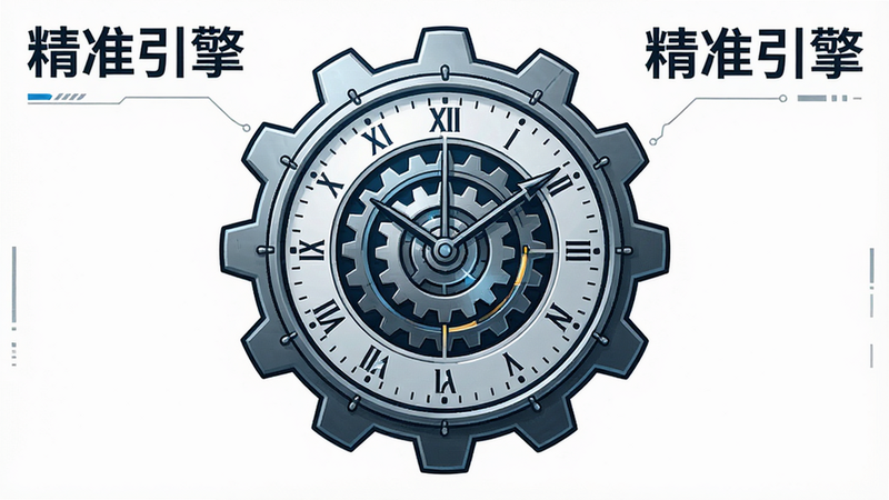 一张技术风格示意图,主体为齿轮与时钟表盘结合,象征精准计时,布局紧凑,排版逻辑清晰,风格科技感强,细节丰富,画质锐利,干净背景,文字“精准引擎”