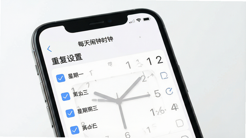 一张手机界面演示图,主体为“每天闹钟时钟”的重复设置页面,显示星期一至星期五的勾选框,布局清晰,风格简洁,细节真实,画质高清,干净背景,文字“重复设置”