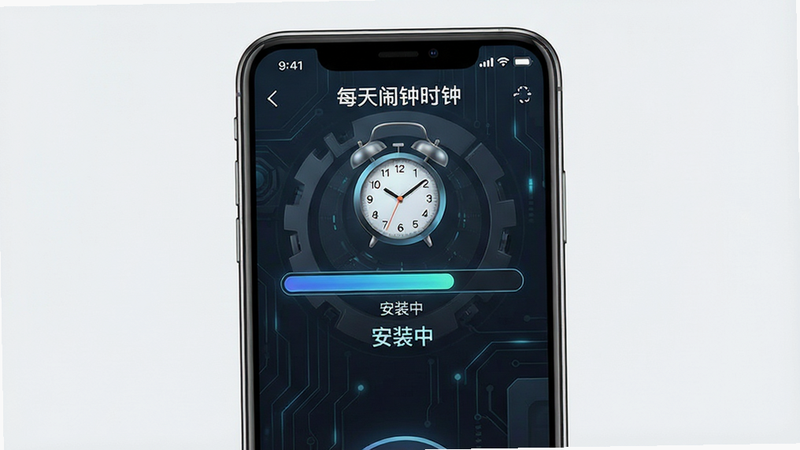 一张手机安装界面示意图,主体为“每天闹钟时钟”的安装进度条,显示“安装中”,布局居中,风格科技感,细节清晰,画质锐利,干净背景,文字“安装中”