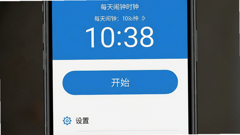 一张高清手机屏幕截图,主体为“每天闹钟时钟”应用界面,布局简洁清爽,顶部显示当前时间,中部为醒目的开始按钮,底部有设置选项,风格扁平化,色彩以蓝白为主,细节清晰,画质4k,干净无多余元素,文字“每天闹钟时钟”清晰可见