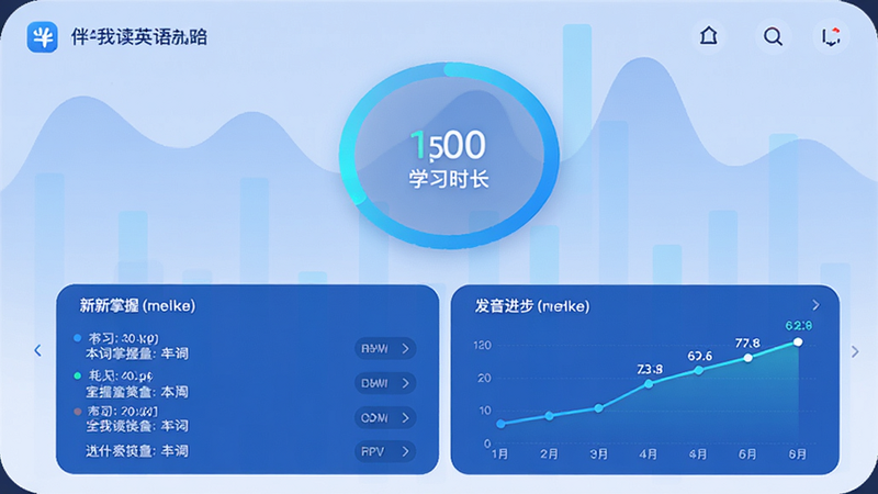 ���Ҷ�Ӣ��APP�ĸ���ѧϰ�Ǳ��̽��棬��ʾ���ν�������ʾ����ѧϰʱ�����·��г����������յ����б����Լ�������������ͼ�����ݿ��ӻ������������Լ�󷽣���ɫ��ɫ��������UI���