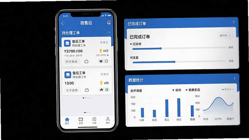 微售后APP界面全景展示,主体为手机屏幕中央显示的应用主页,布局清晰分为“待处理工单”、“已完成订单”和“数据统计”三个模块,排版采用扁平化设计风格,主色调为商务蓝与白色,细节处展示具体的售后工单卡片与进度条,画质高清,干净,无多余元素,图中包含文字“微售后”