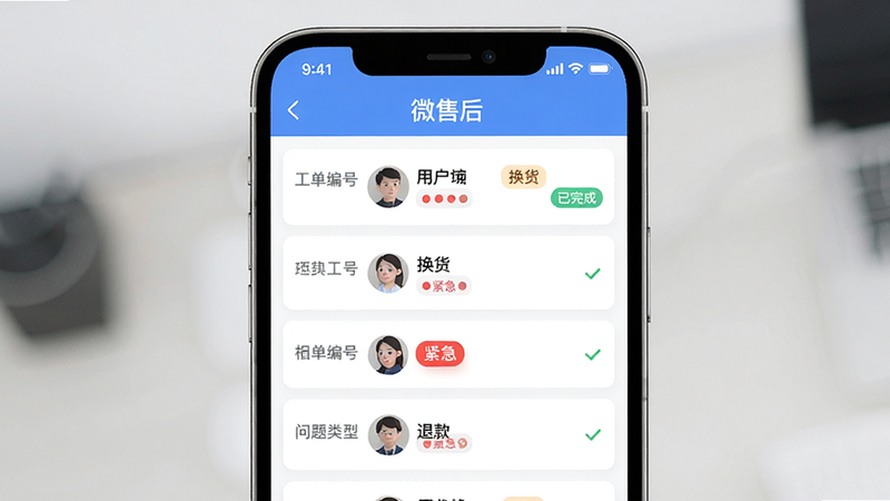 微售后智能工单管理功能演示,主体为手机屏幕显示的工单列表界面,布局为上下滚动列表,每行显示工单编号、用户头像、问题类型标签(如“退款”、“换货”),排版整齐,风格简约现代,细节展示红色高亮的“紧急”标识与绿色“已完成”状态,画质清晰,干净,无多余元素,图中包含文字“微售后”
