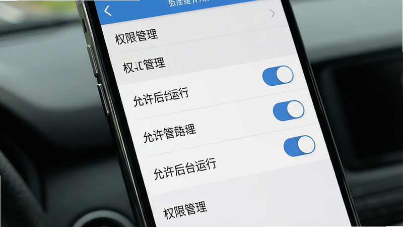 高速路ETC通行APP设置界面预览,手机屏幕显示权限管理列表,每项权限后有开关按钮,布局清晰,风格简洁,细节处有灰色背景分隔,高清画质,干净,无多余元素,文字包含