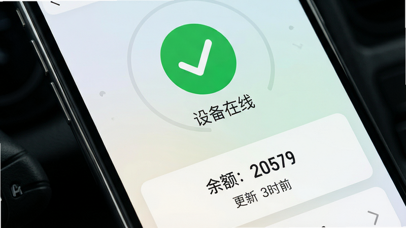 高速路ETC通行APP实时状态监控界面,手机屏幕中央显示绿色对勾图标表示在线,下方列出余额数字与更新时间,背景为浅色渐变,布局紧凑,风格简约,细节清晰,高清画质,干净,无多余元素,文字包含