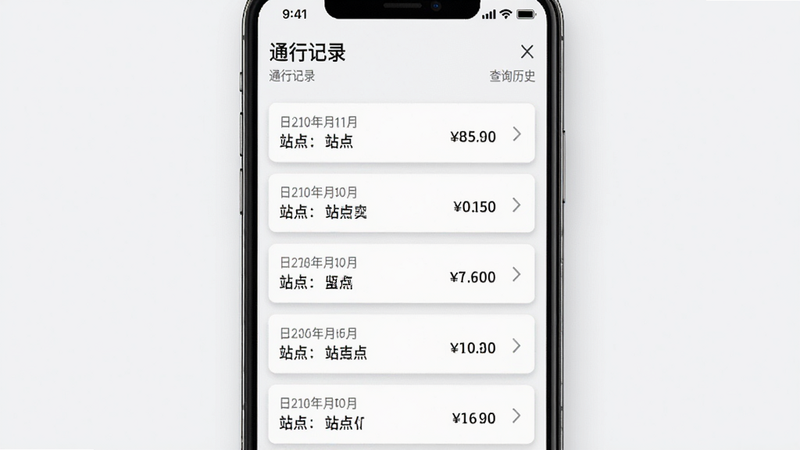 高速路ETC通行APP通行记录列表界面,手机屏幕显示多行记录卡片,每行包含日期、站点名称和金额,右侧有箭头图标,布局整齐,风格商务简约,细节处有阴影效果,高清画质,干净,无多余元素,文字包含