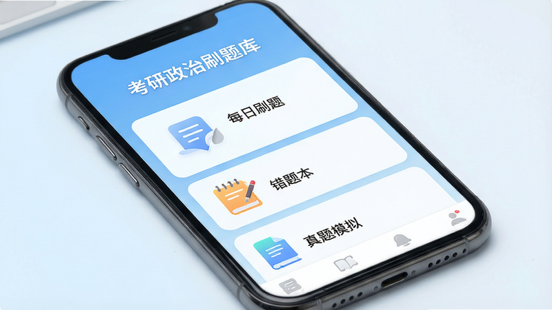 一张展示手机屏幕的高清图片,屏幕中显示“考研政治刷题库”APP的主界面,界面包含“每日刷题”、“错题本”、“真题模拟”三个主要模块,背景为干净的浅蓝色渐变,图标设计简约现代,文字清晰可见,整体风格专业且无杂乱元素,4k画质,无多余装饰