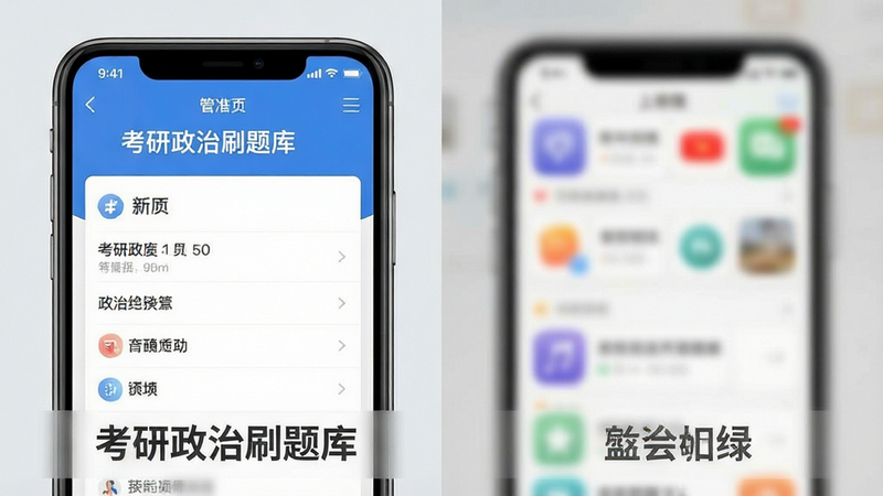 一张对比图,左侧为“考研政治刷题库”界面,右侧为模糊的其他APP界面,突出本APP的简洁与专业,背景为浅灰色,文字清晰,高清画质,无杂乱元素,布局对比鲜明
