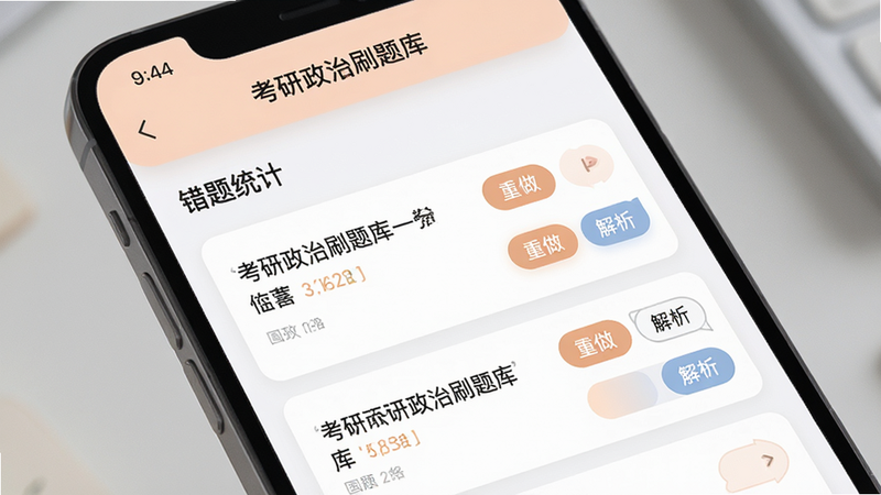 手机屏幕展示“考研政治刷题库”的错题本界面,顶部显示“错题统计”,下方为题目列表,每条题目右侧有“重做”和“解析”按钮,界面采用卡片式布局,间距宽敞,配色柔和,突出重点,高清细节,无杂乱背景