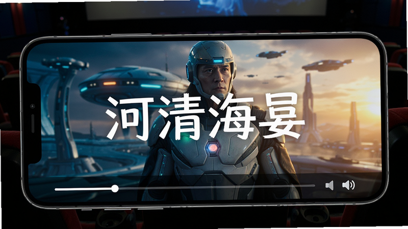 手机屏幕显示“河清海晏”正在播放一部科幻电影,画面清晰,色彩鲜艳,UI底部有简洁的进度条和音量控制,背景是影院黑暗环境,突出屏幕的发光效果,体现高清画质,无水印,干净利落