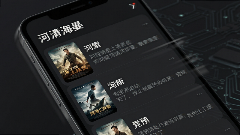 手机界面展示“河清海晏”的资源列表页,列表项包含电影海报、片名和简短简介,排版整齐,背景为深灰色,突出白色文字,体现高速加载的动态模糊效果,科技感强,细节清晰,高质量渲染