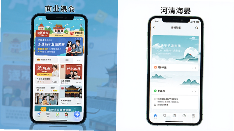 对比概念图,左侧显示复杂的商业APP界面,广告众多,右侧显示“河清海晏”简洁界面,突出对比,风格扁平化,色彩鲜明,强调简洁与复杂的差异,高清设计