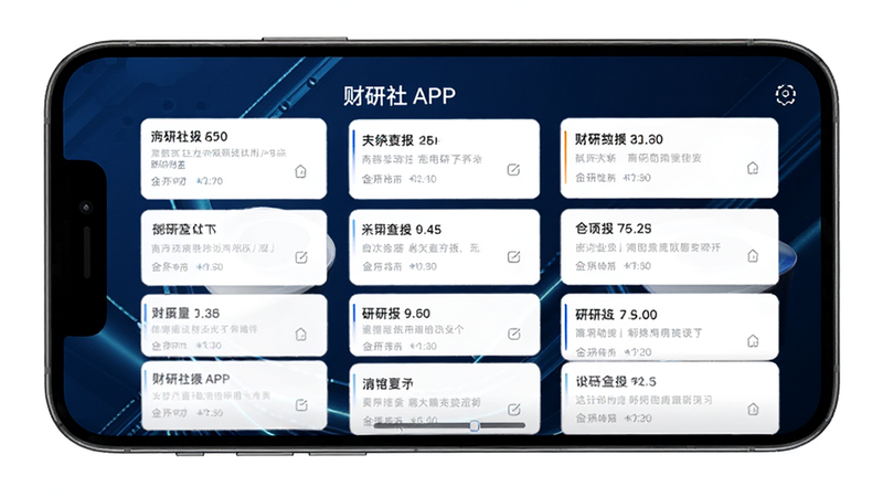 主体为财研社APP手机界面预览图,布局采用极简主义设计,背景为深蓝色科技质感,屏幕中央显示清晰的研报列表卡片,文字清晰可读,风格现代简约,细节展现高保真UI设计,画质超清,干净无多余元素