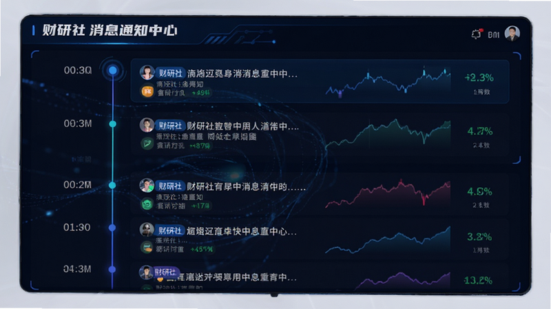 主体为财研社消息通知中心界面,布局展示多条即时财经快讯,时间轴清晰,风格科技感强,细节体现消息分类标签,画质清晰,干净无干扰元素