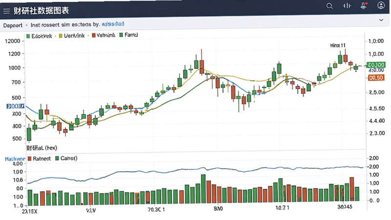 主体为财研社数据图表界面,布局展示动态K线图与成交量柱状图,色彩搭配专业,风格数据可视化,细节体现坐标轴与网格线,画质精致,干净无冗余装饰