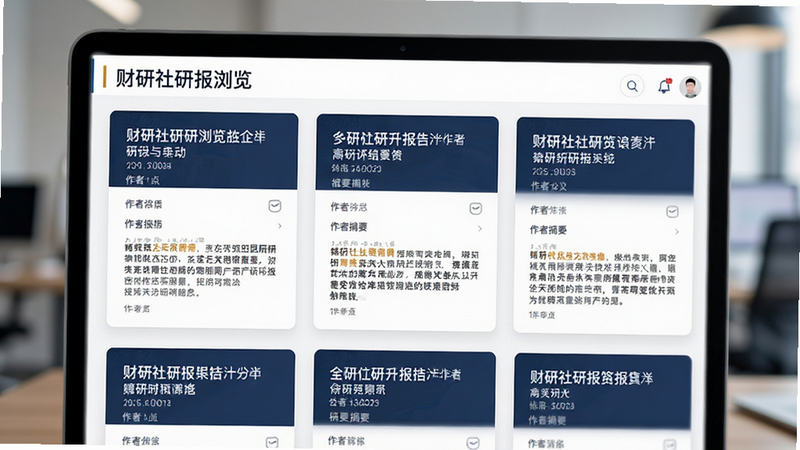 主体为财研社研报浏览界面,布局展示多张研报卡片,每张卡片包含标题、作者、摘要,排版整齐有序,风格商务专业,细节体现文字排版美感,画质高清,干净无杂乱元素