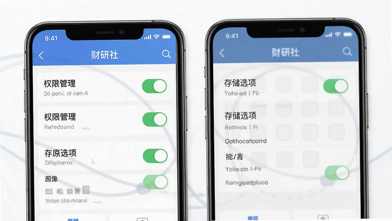 主体为财研社移动端设置界面,布局展示权限管理与存储选项,风格清晰直观,细节体现开关状态,画质清晰,干净无杂乱元素