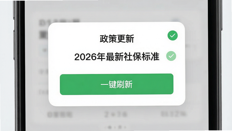 主体为手机应用界面,显示“政策更新”弹窗,内容提及“2026年最新社保标准”,下方有“一键刷新”按钮,背景为浅灰色,布局上下结构,排版简洁明了,风格为现代UI设计,细节处有对勾图标表示更新成功,画质清晰,干净无多余元素